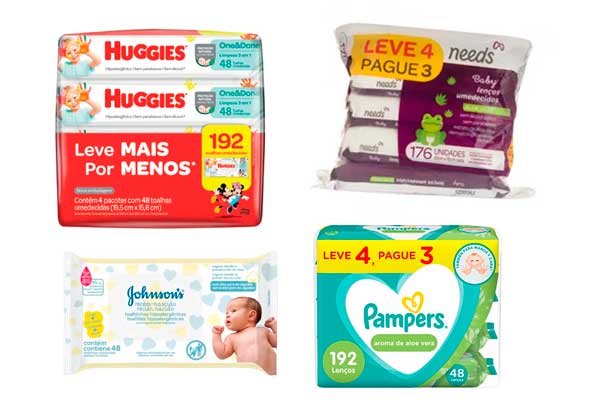 lenços-umedecidos-com-desconto 4 pacotes de lenços umedecidos sobre fundo branco. As marcas são Huggies, Needs, Johnsons e Pampers