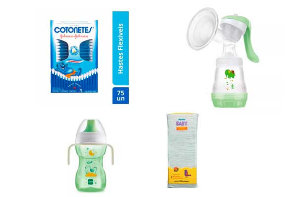 mais-ofertas Cotonestes, bomba extratora de leite, copo de transição e pacote de algodão sobre fundo branco.