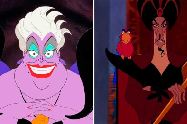 Úrsula, de A Pequena Sereia, à esquerda, e Jafar, de Aladdin, à direita