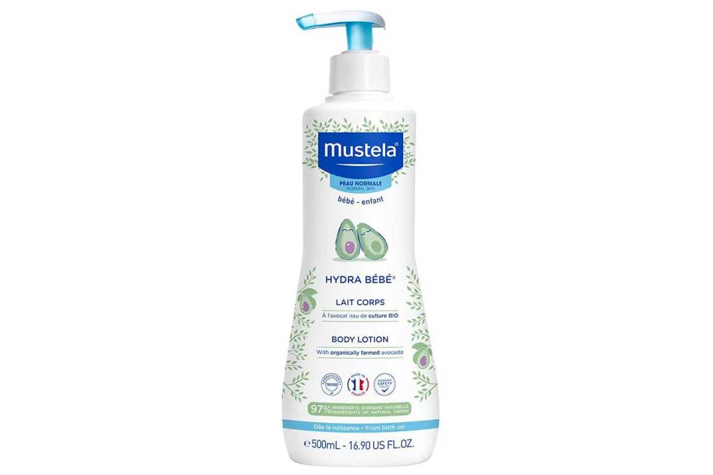mustela-hydra-baby Pote de pump do creme Mustela hydra Baby branco e azul