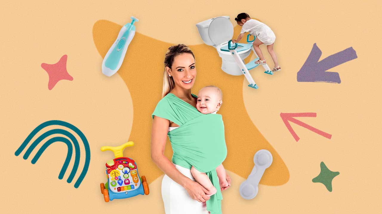 fotos de produtos para bebês dispostas em um fundo colorido