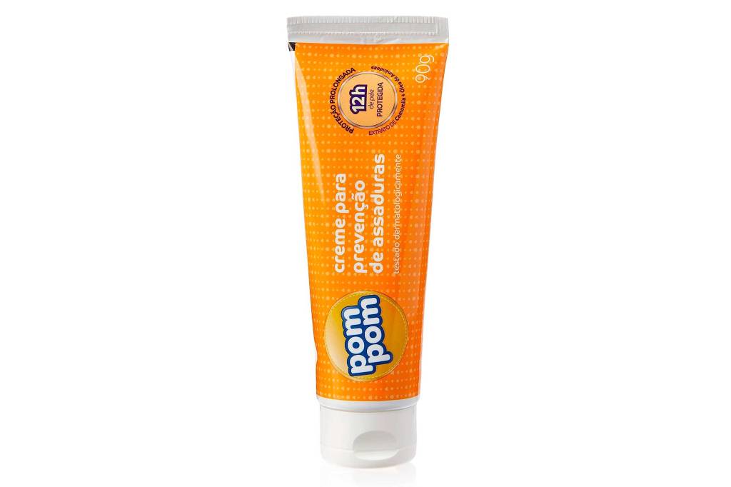 pomada-pompom Pomada pom pom. Formato de bisnaga, laranja e branca.