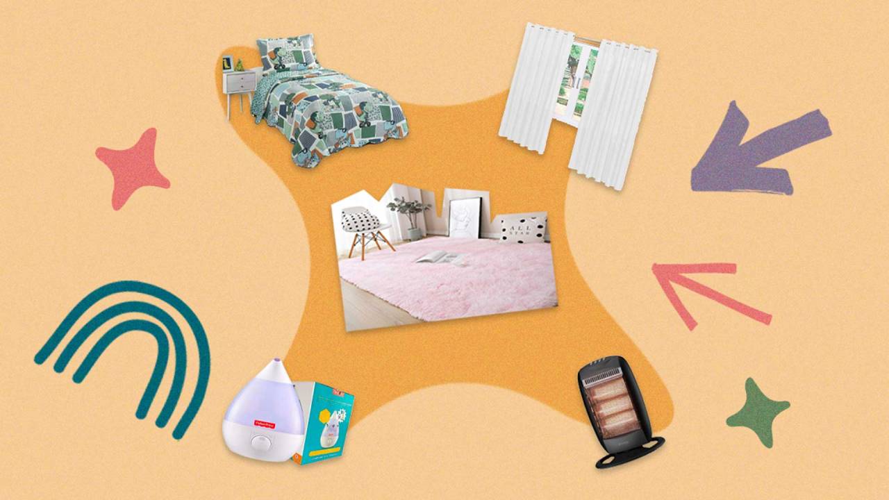 imagens de uma cama de solteiro, uma cortina, um tapete, um umidificador e um aquecedor dispostos em um fundo com ilustrações coloridas