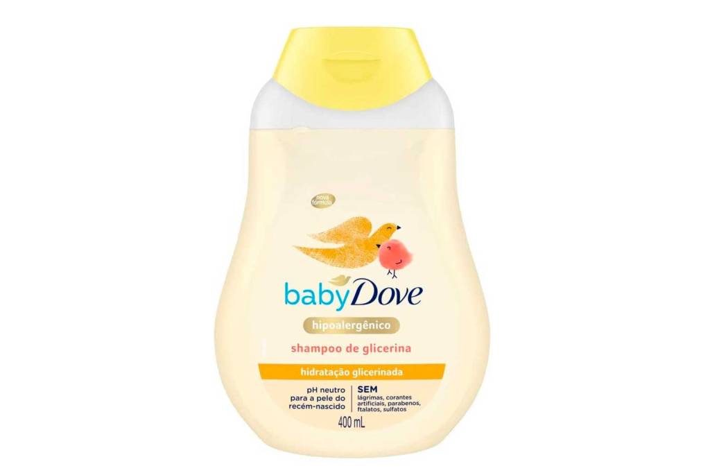 Shampoo Dove para bebê. Embalgem branca e amarela
