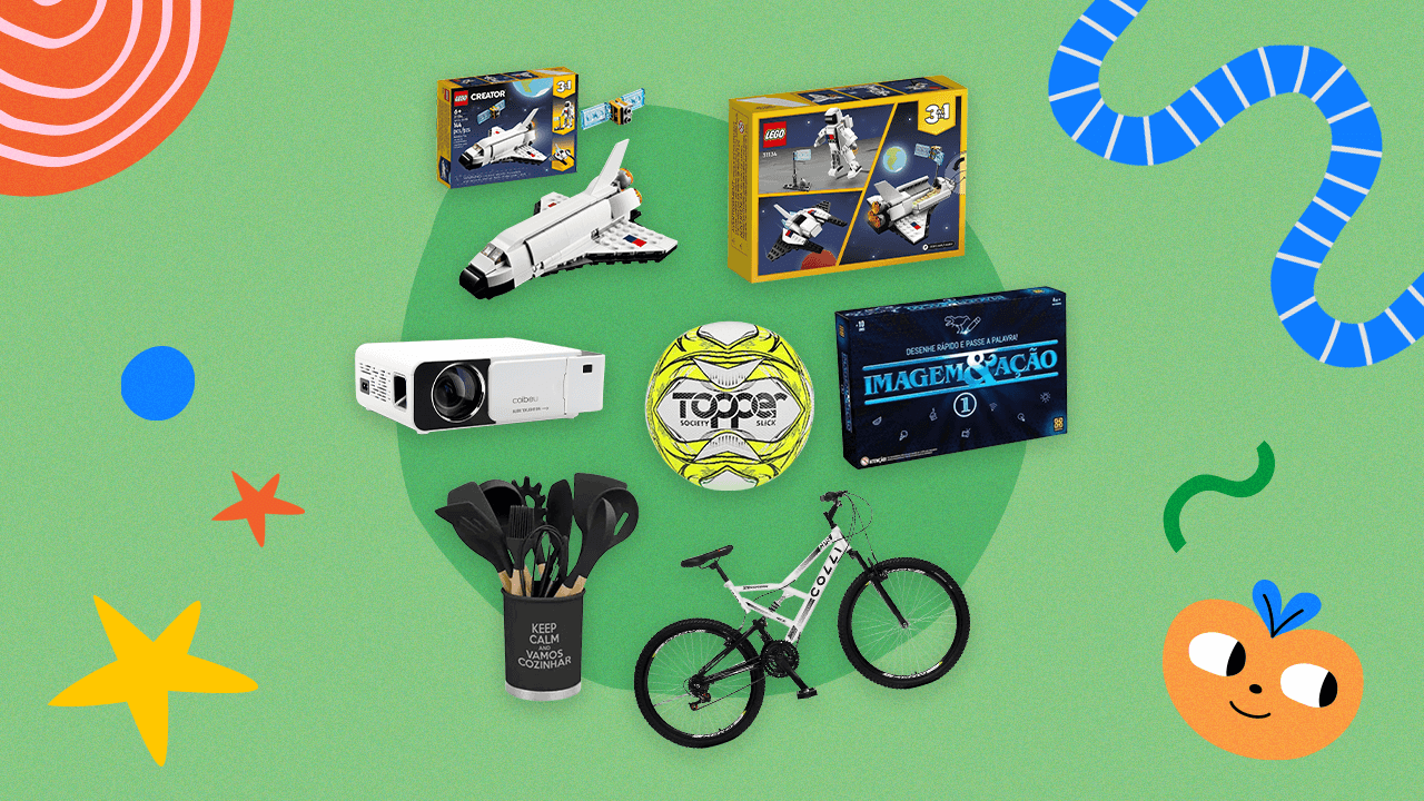 Montagem em fundo verde com presentes para o dia dos pais: bicicleta, jogos, bola, lego, utensílios de cozinha e projetor.