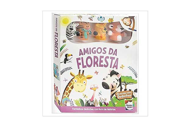 capa do livro Animais da Floresta. com ilustrações de animais e um compartimento onde estão bichinhos plásticos para encaixe nos dedos