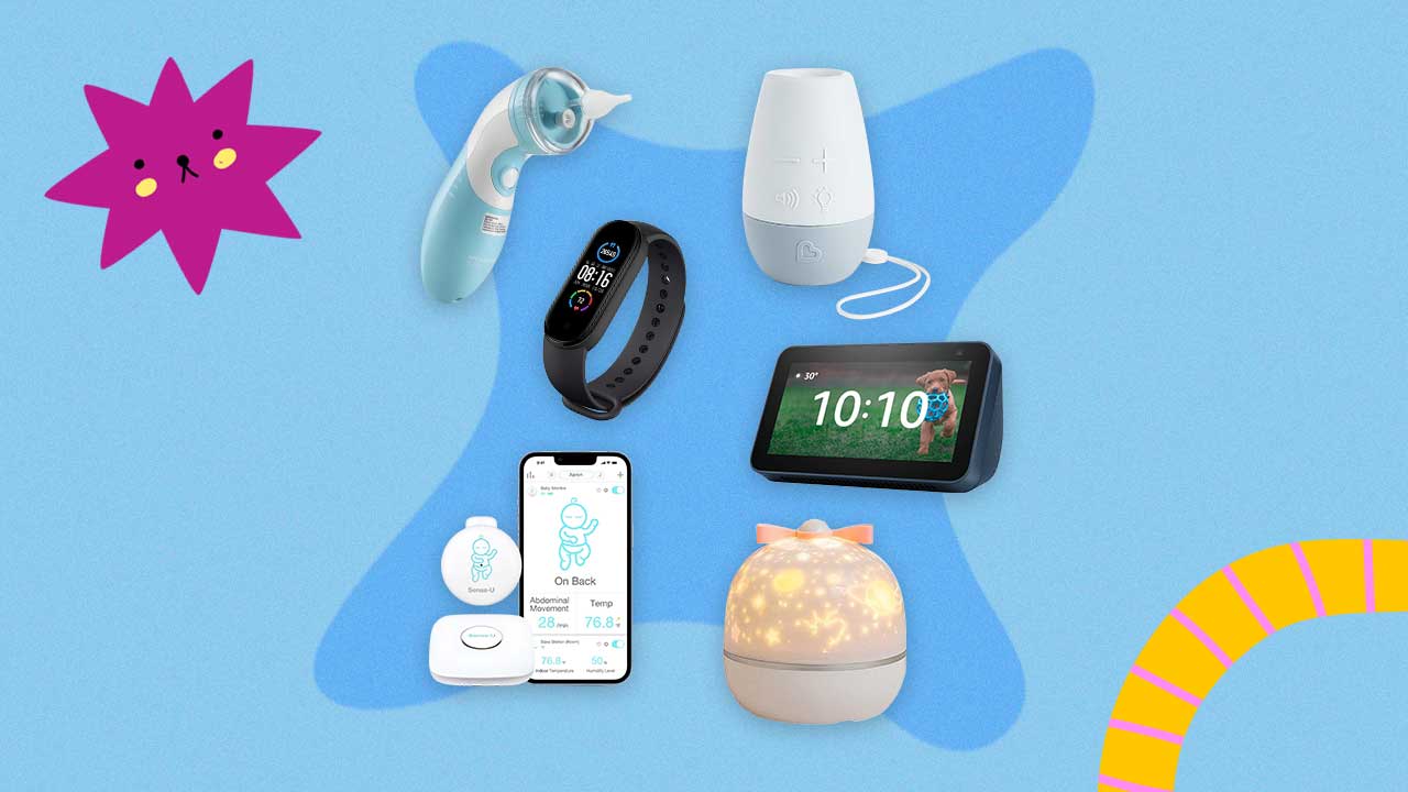 produtos eletrônicos dispostos em um fundo colorido