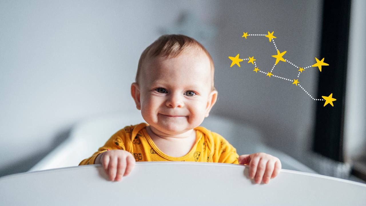 bebê sorrindo para a câmera com a ilustração de constelação do signo de VIRGEM