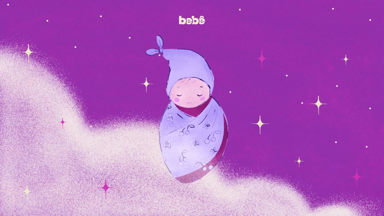 ilustração de bebê recém nascido flutuando em fundo roxo ao lado de nuvens