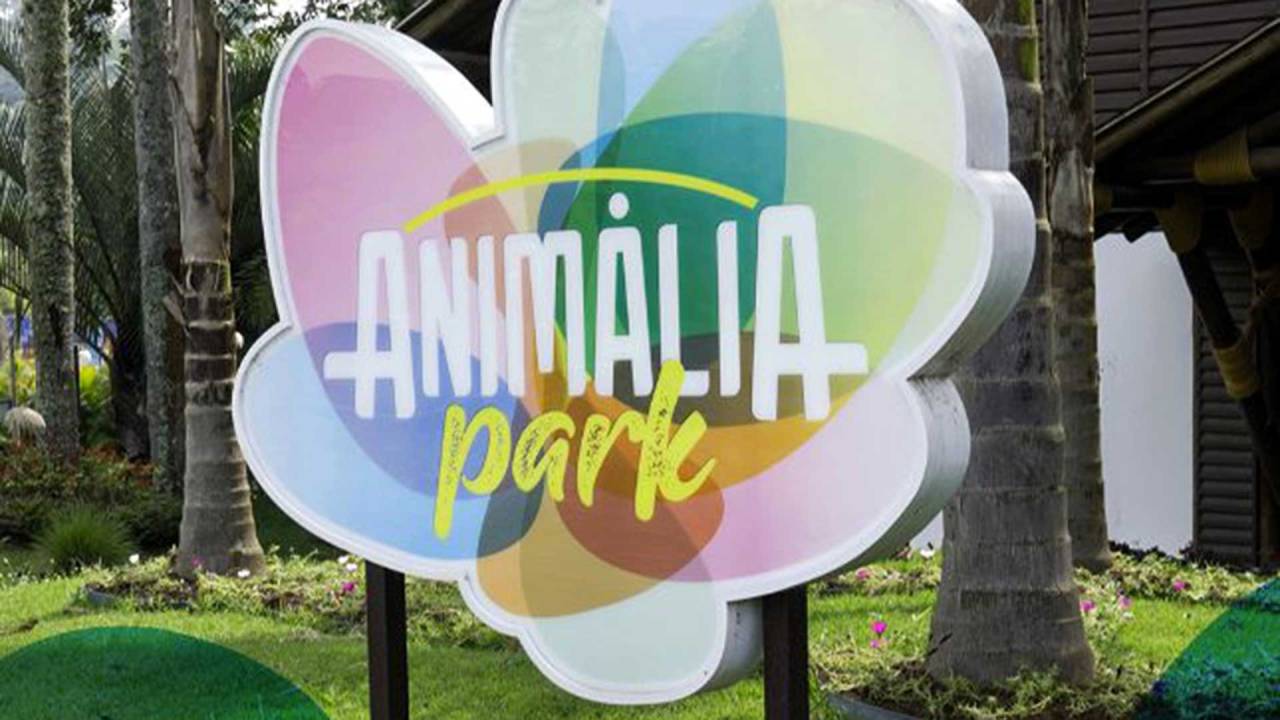 placa do parque Animalia Park colocada em um ambiente com grama verde