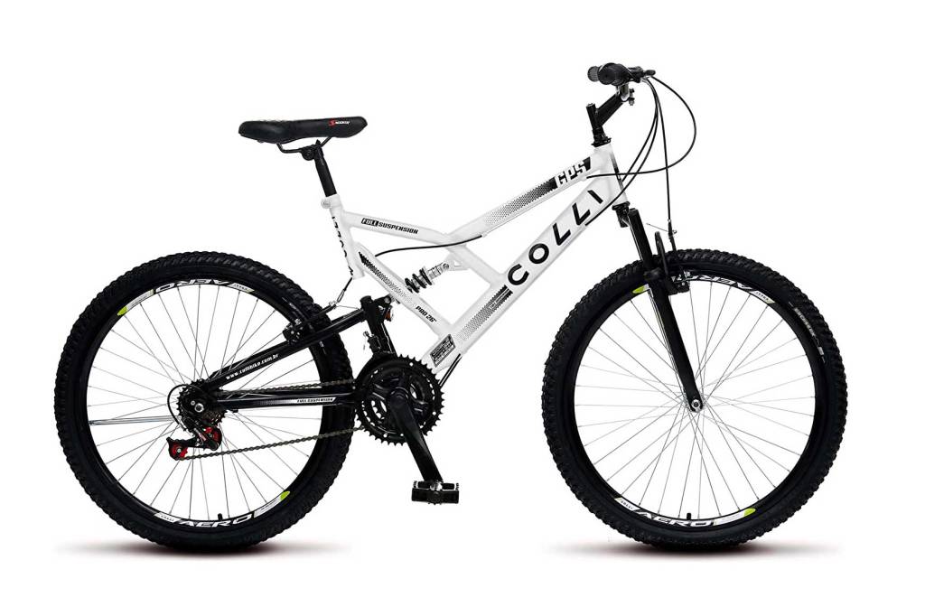 Bicicleta para adulto com aro branco e rodas pretas.