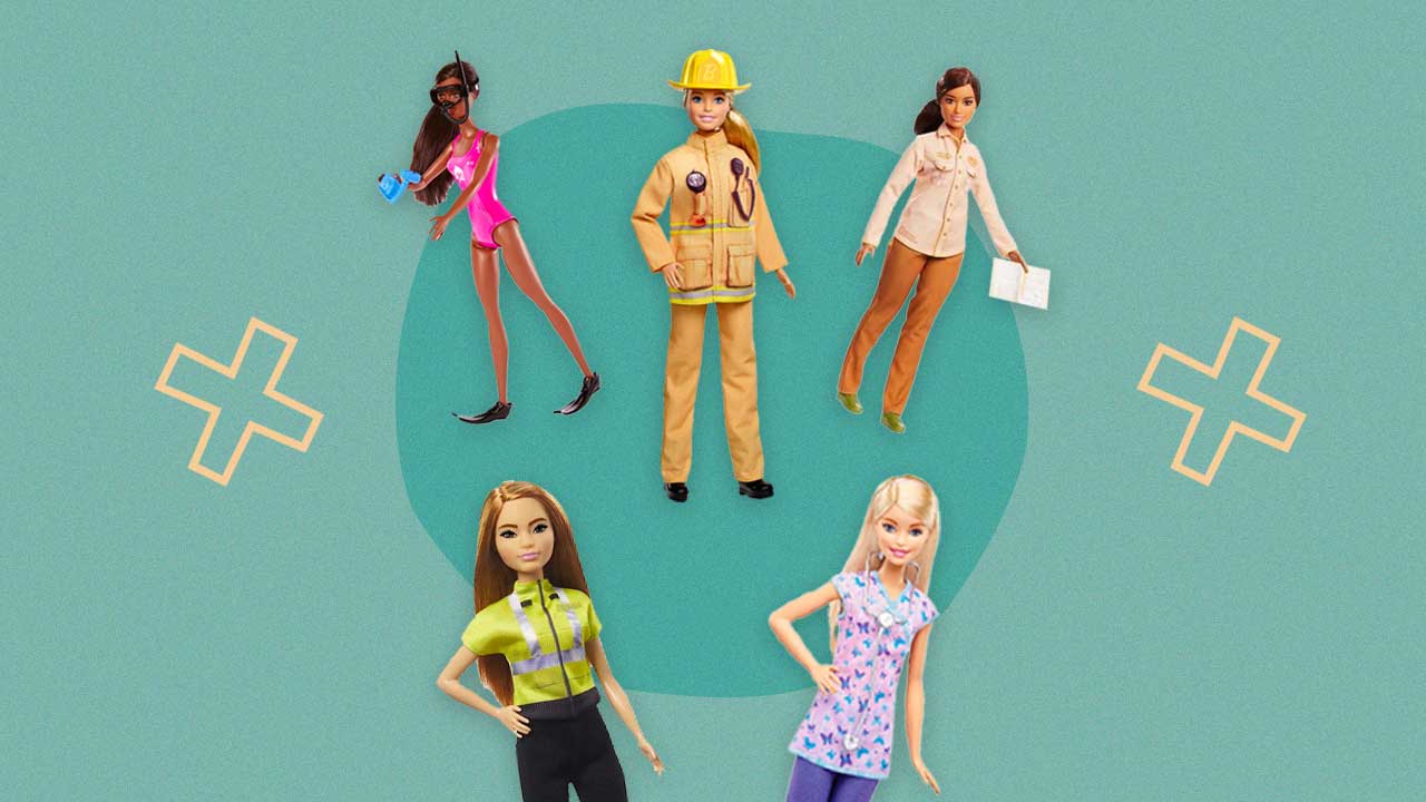 bonecas Barbie em um fundo colorido com ilustrações