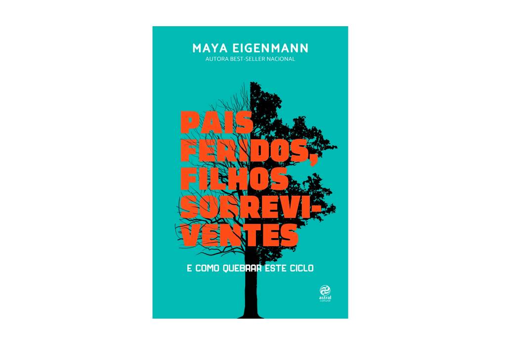 Capa do livro Pais feridos, filhos sobreviventes, de Maya Eigenmann. É azul turquesa com as letras em laranja. No fundo, em preto, há uma ilustração de árvore metade seca, metade com folhas.