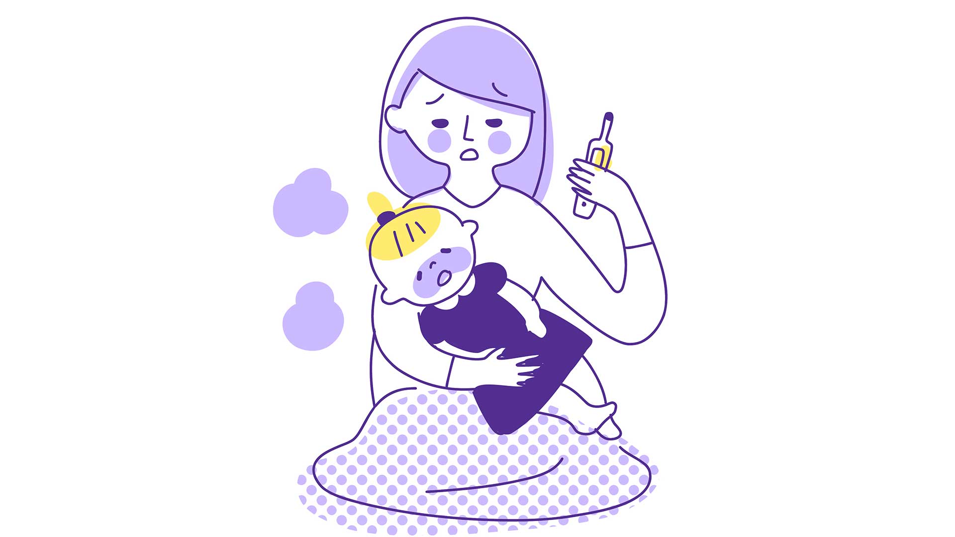 ilustração de uma mulher segurando um bebê doente e um termômetro