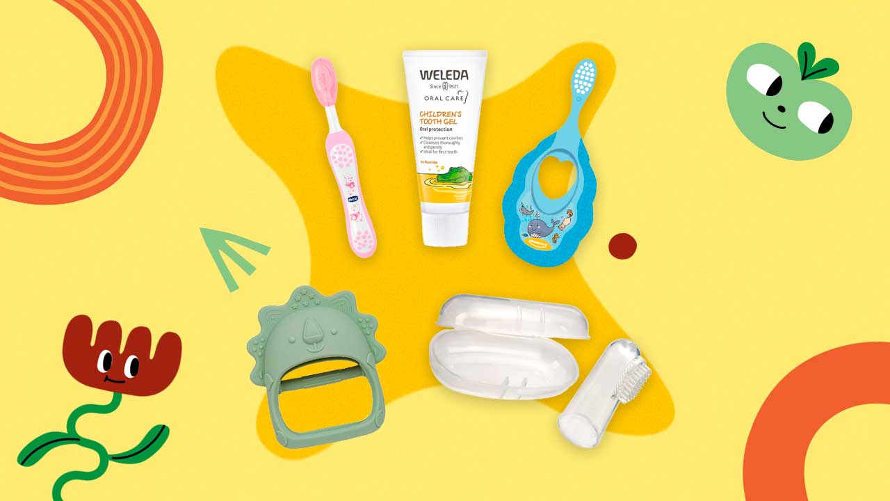 produtos para higiene bucal do bebê dispostos em um fundo colorido com ilustrações geométricas