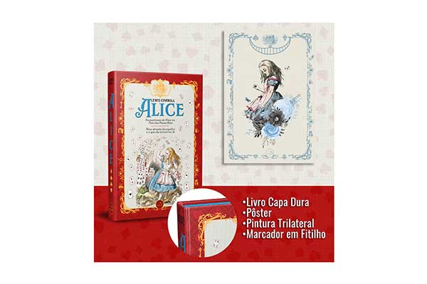 capa do livro Alice no País das Maravilhas ao lado de um pôster