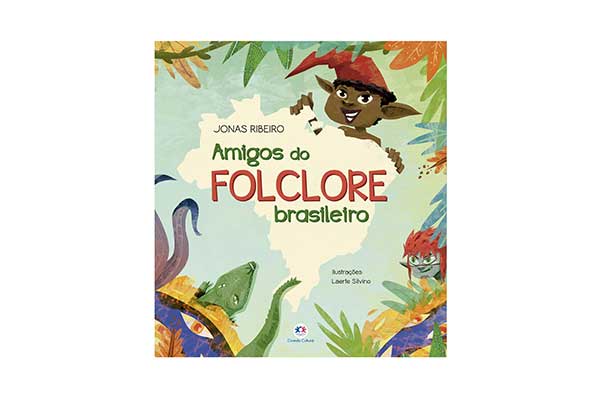capa do livro Amigos do Folclore Brasileiro, com a imagem do mapa do Brasil e ilustrações de seres folclóricos, como o Saci