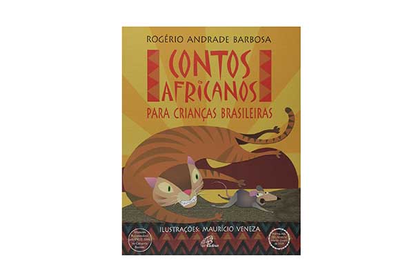 capa do livro Contos Africanos para Crianças Brasileiras, com a ilustração de um gato segurando um rato pelo rabo