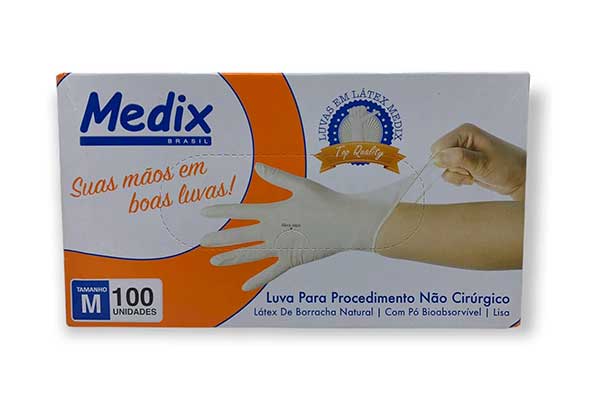 Luva-para-procedimento-não-cirúrgico,-Medix caixa retangular horizontal dentro da qual há luvas descartáveis