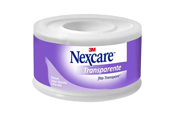 Nexcare-Fita-Transparente,-3M embalagem plástica redonda com um buraco no centro
