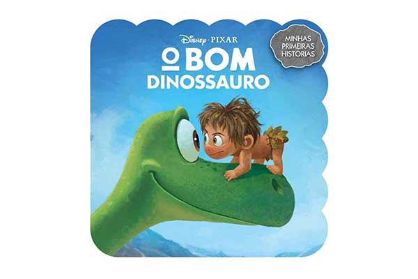 capa do livro O Bom Dinossauro, com ilustração de um menino encostado no rosto de um dinossauro, olhando nos olhos do animal