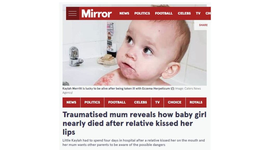 print da página de um site com a imagem de uma bebê com a boca e os ombros cheios de bolinhas