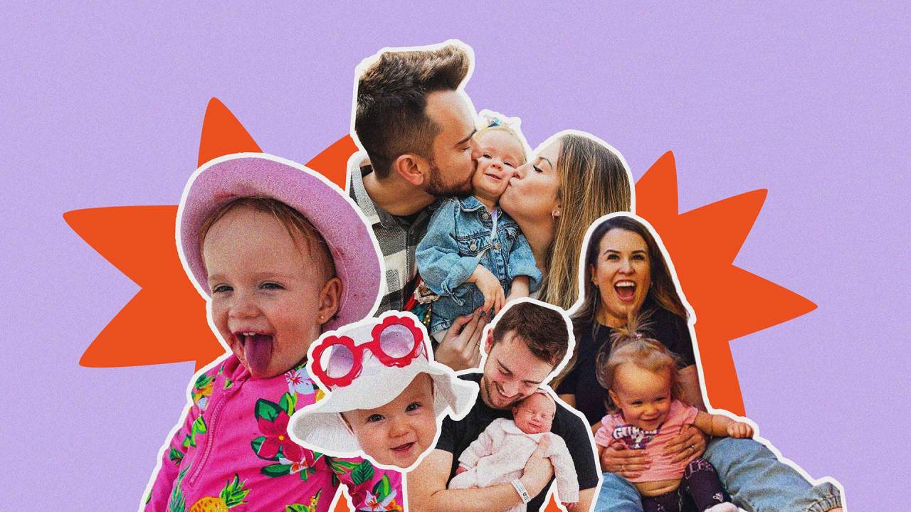 colagem com fotos de uma bebê, uma mulher e um casal em um fundo colorido