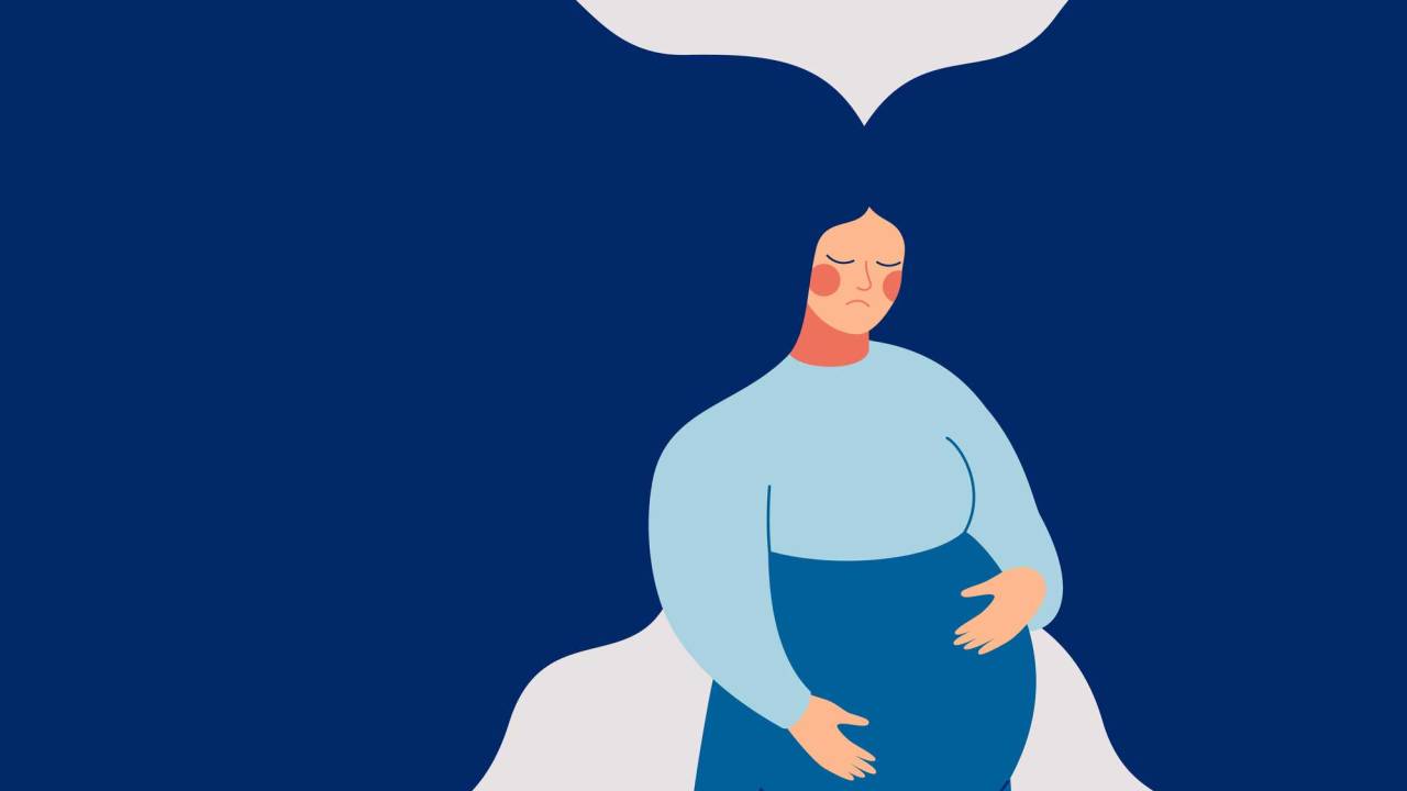 Ilustração de uma mulher grávida com grandes cabelos azuis. Ela está vestida de azul, com a feição triste e as mãos na barriga.