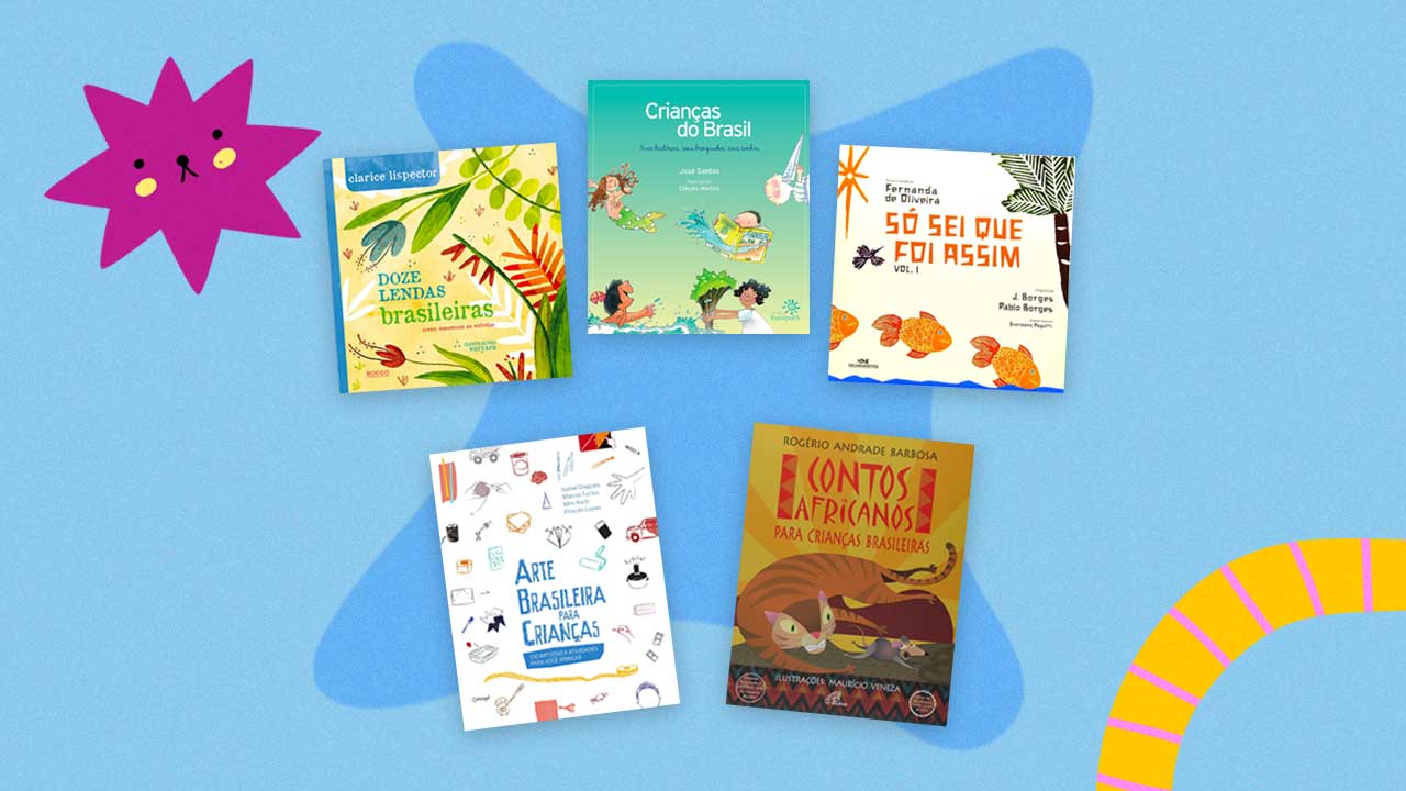 capas de cinco livros infantis sobre o folclore brasileiro dispostos em um fundo colorido