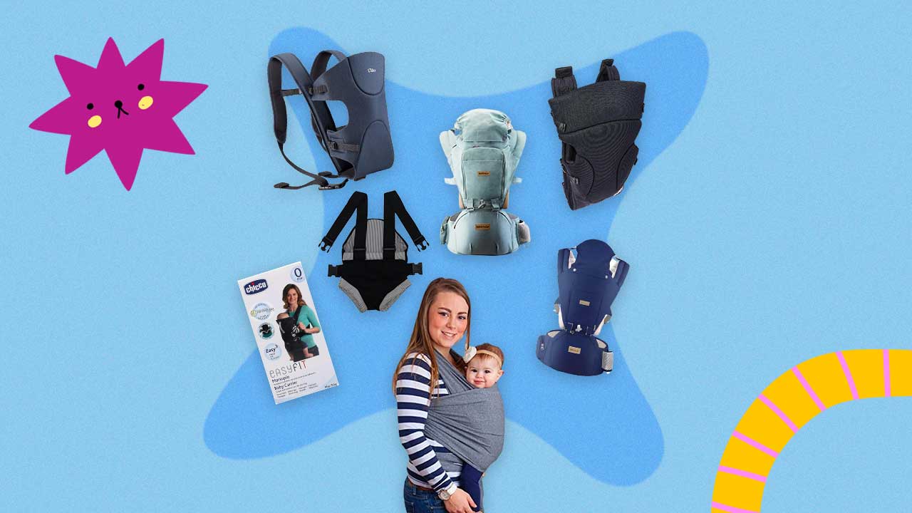 slings e cangurus para levar bebês dispostos em um fundo colorido com ilustrações