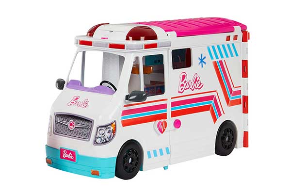 ambulância de brinquedo da boneca Barbie. Ela é branca, com detalhes coloridos