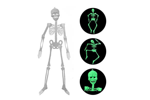 esqueleto plástico de ao lado de imagens que mostram o mesmo produto no escuro, na cor verde, brilhando