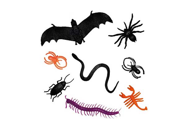 vários insetos de brinquedos, feitos em plástico, como morcego, aranha, barata e escorpião
