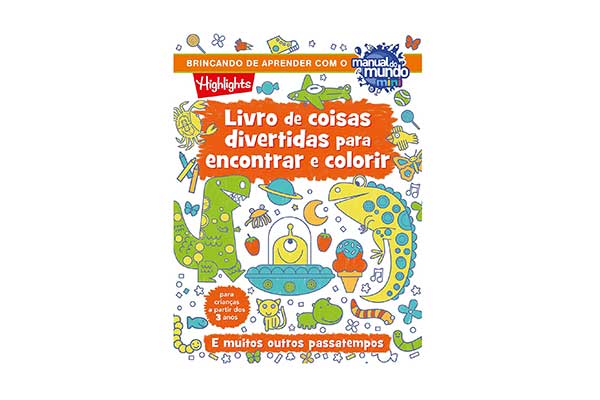 Capa do Livro de coisas divertidas para encontrar e colorir, com ilustrações de animais, planetas e frutas