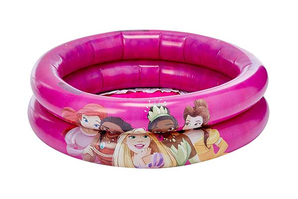 piscina infantil inflável, redonda, rosa e com desenhos de princesas da Disney