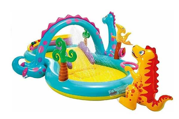 piscina infantil inflável com arco, escorrecador e dinossauros