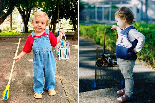 Francisco é um menino de 2 anos e 9 meses, de pele branca, loiro. Na imagem, há duas fotos. Na da esquerda, ele está usando macacão jeans e camiseta vermelha. Segura uma sacola de feira em uma mão e uma vassoura na outra. Está na calçada, tem árvores ao fundo. Na foto da direita, ele está de calça jeans, colete de tricô azul, papete e meia branca. Está segurando um carrinho de feira. Está na calçada e há árvores ao fundo.