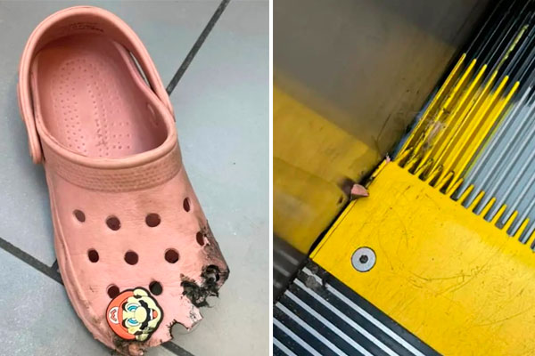escada-rolante-acidentes Na imagem, há duas fotos. À esquerda, um Crcos, chinelo de borracha tosa claro, com um enfeito do Mario Bros. Ele está com a ponta toda arrebentada e suja de graxa. À direita, é possível ver parte de um degrau de uma escada rolante e, na lateral, um pedacinho da sandália que ficou preso.