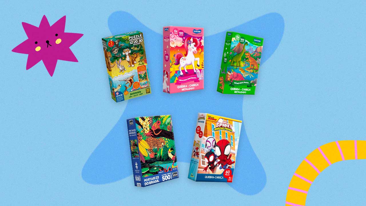 cinco embalagens retangulares de quebra-cabeça infantil dispostas em um fundo colorido