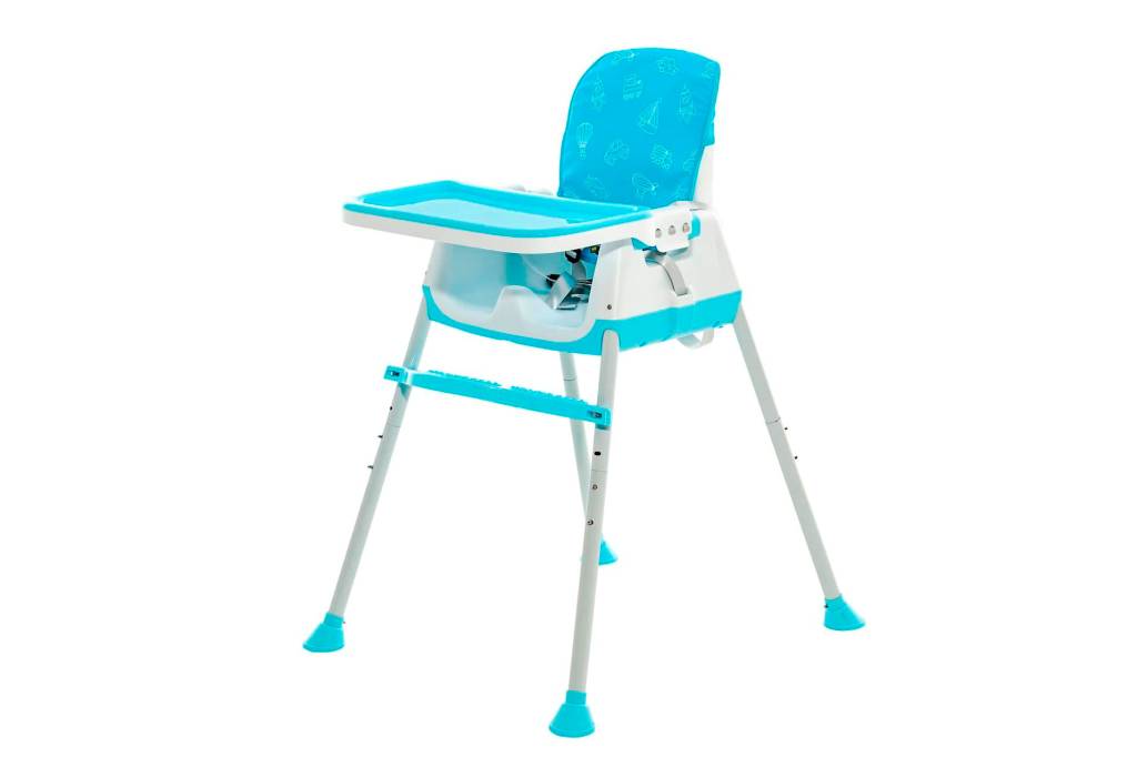 Cadeira de alimentação com suporte para chão. Tem quatro pés, é azul e branca e os pés são cinzas. Tem bandeja.
