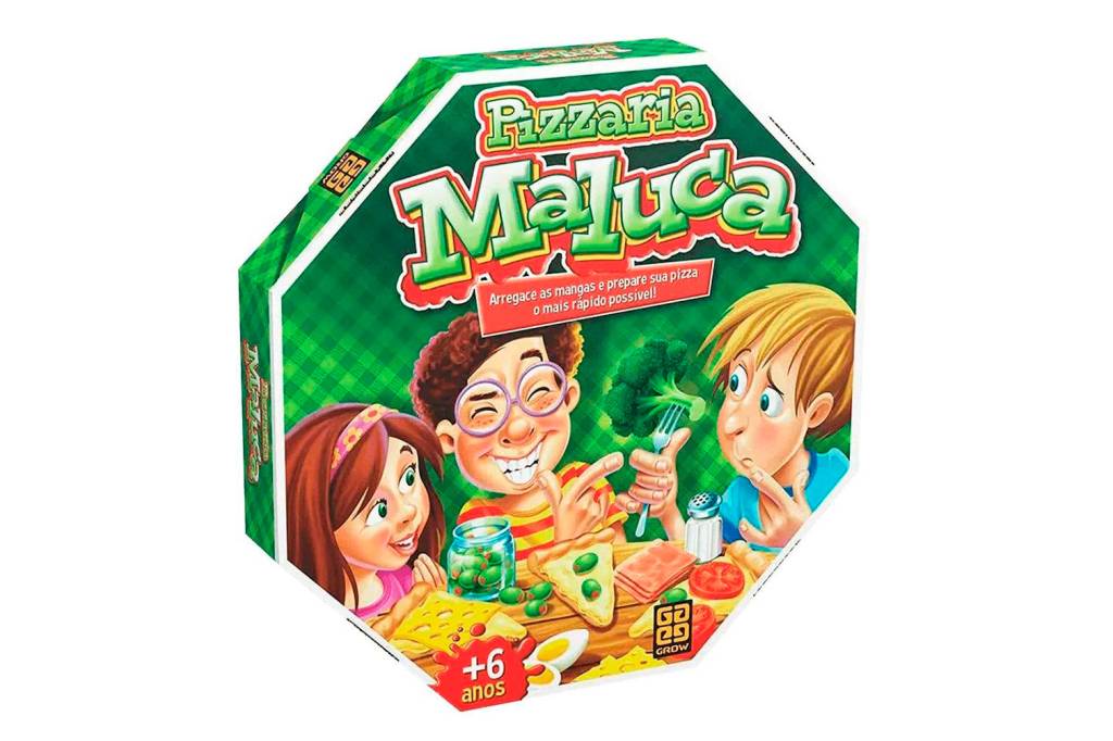 Caixa do jogo em formato de caixa de pizza, com oito lados, cor verde e ilustração de três crianças jogando;