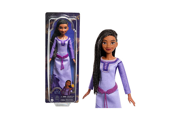 de um lado, uma boneca da personagem Asha, de Disney Wish, dentro da embalagem. De outro, a boneca está fora da caixa.