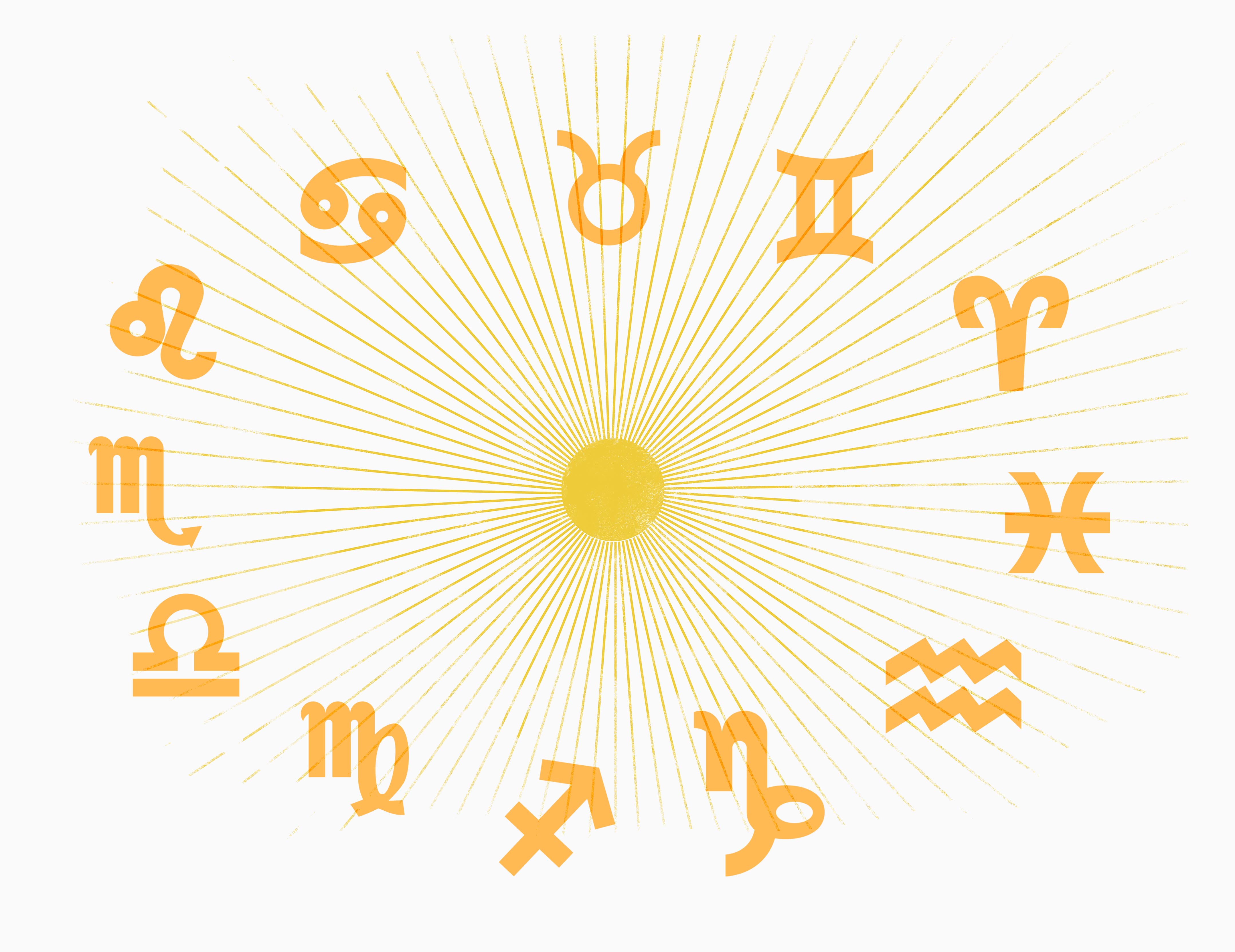 Ilustração de sol com raios em fundo branco e, sobre eles, símbolos do horóscopo.