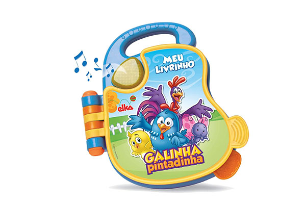 Livro plástico e musical cuja capa tem ilustrações de personagens do universo da Galinha pintadinha. Ele tem também uma alça na parte de cima