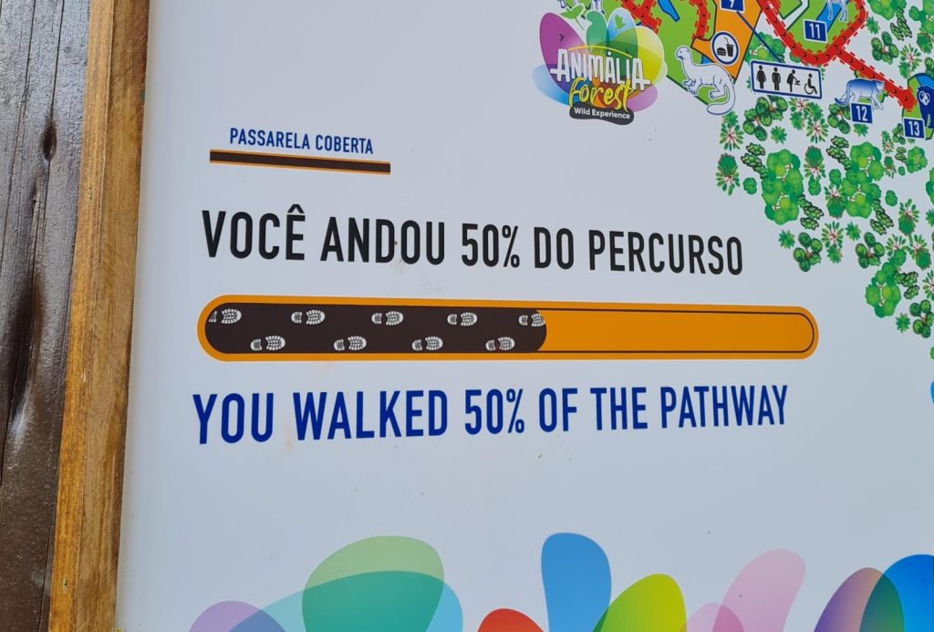 Placa com fundo branco e texto: "você andou 50% do percurso" / "you walked 50%" e uma barra completa pela metade.