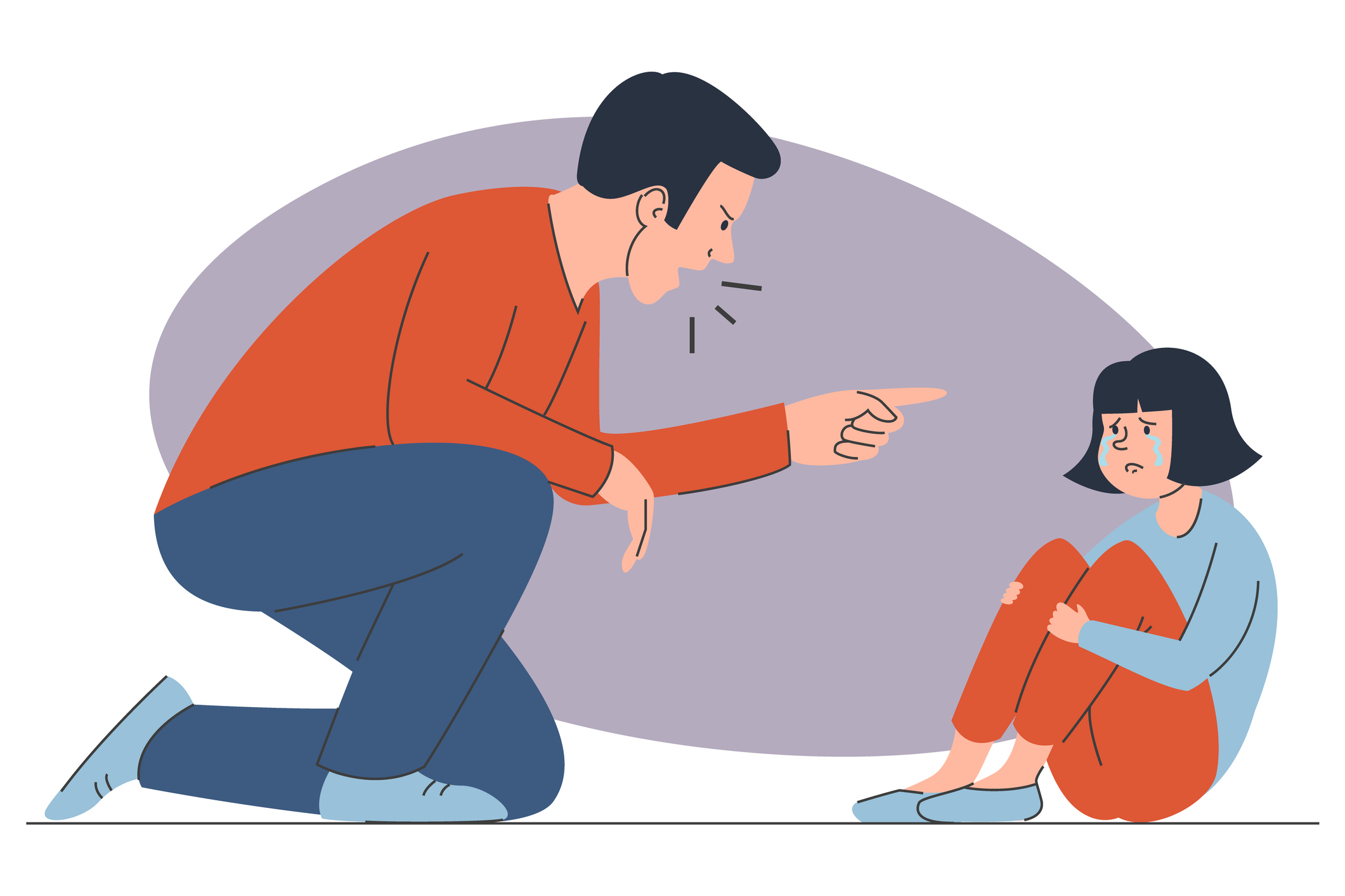 Sobre fundo branco, ilustração de um homem adulto, o pai, gritando com uma criança, a filha. Ambos têm a pele clara e usam roupa azul e laranja. Eles têm o cabelo preto e estão no chão. A menina está sentada e o pai está ajoelhado, apontando o dedo para ela.
