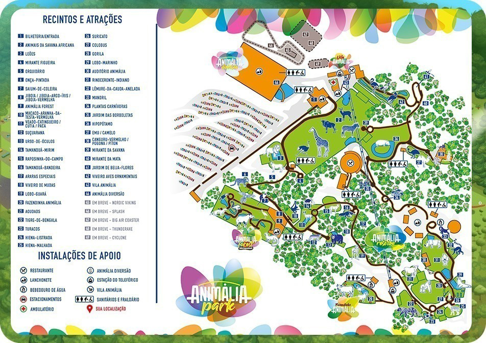 Mapa do animália park à direita e lista das atrações numeradas à esquerda.