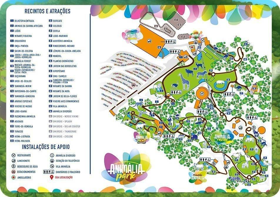 mapa animalia park Mapa do animália park à direita e lista das atrações numeradas à esquerda.