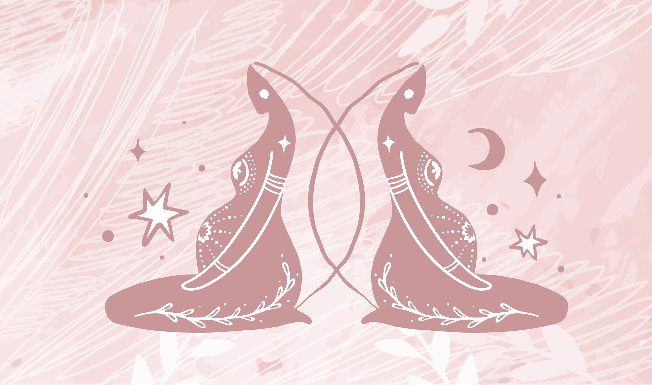 Ilustração em rosa, duas mulheres ajoelhas de perfil, grávidas, com desenhos de luas e estrelas.